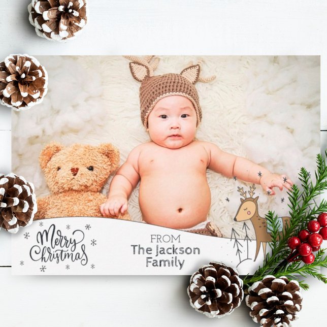 Merry Christmas with photo, snowy frame & reindeer Holiday Card (Creator Uploaded)