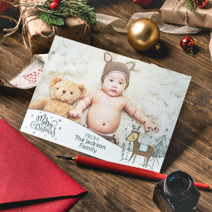 Merry Christmas with photo, snowy frame & reindeer Holiday Postcard