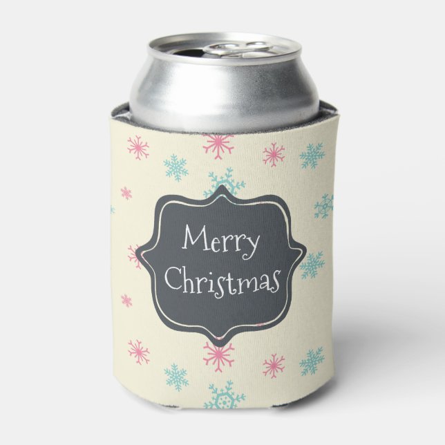 Merry Christmas With Pink And Blue Snowflakes Can Cooler (Can Front)