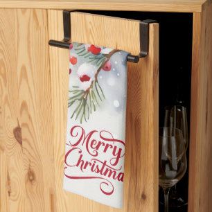 Merry Christmas with Red Berries Kitchen Towel