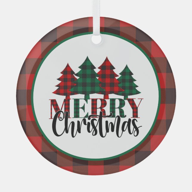 Merry Christmas with Red, Green and Black Plaid  Glass Ornament (Front)