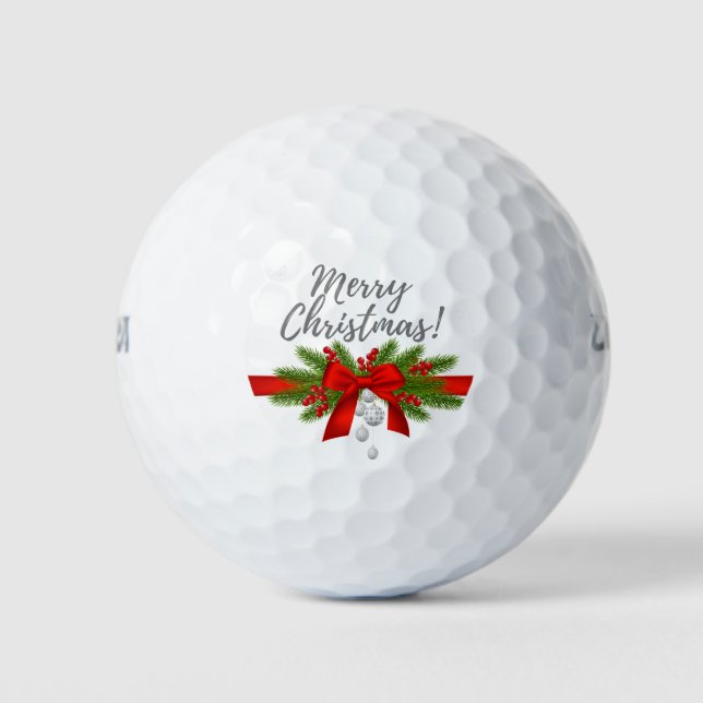 Merry  Christmas with red ribbon gift golfer Golf Balls (Front)