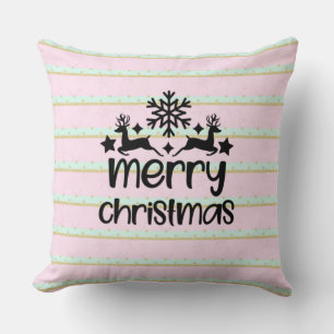 Merry Christmas with Reindeers and Snowflake Throw Pillow