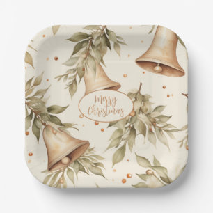 Merry Christmas with Rustic Bells and Foliage Paper Plate