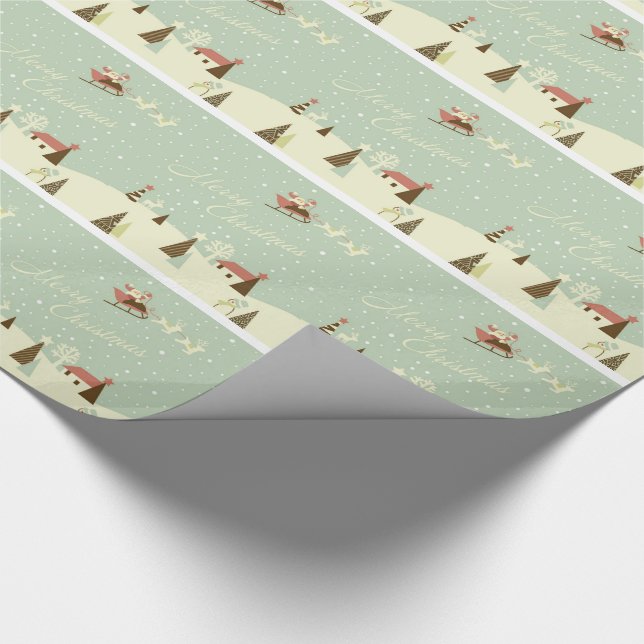Merry Christmas with Santa Claus, Rudolfs, in snow Wrapping Paper (Corner)