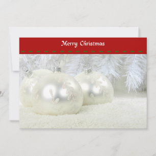Merry Christmas with Silver Ornaments and Snow Holiday Card