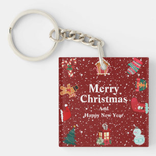Merry christmas with snow- red holiday keychain
