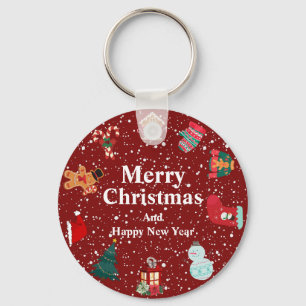 Merry christmas with snow- red holiday keychain