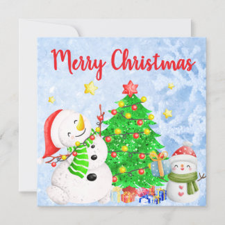 Merry Christmas with Snowman & Child w/ Tree Invitation