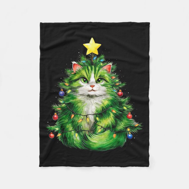 Merry Christmas With This Funny Christmas Tree Cat Fleece Blanket (Front)
