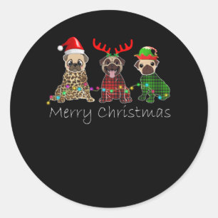 Merry Christmas with three pug dogs Classic Round Sticker