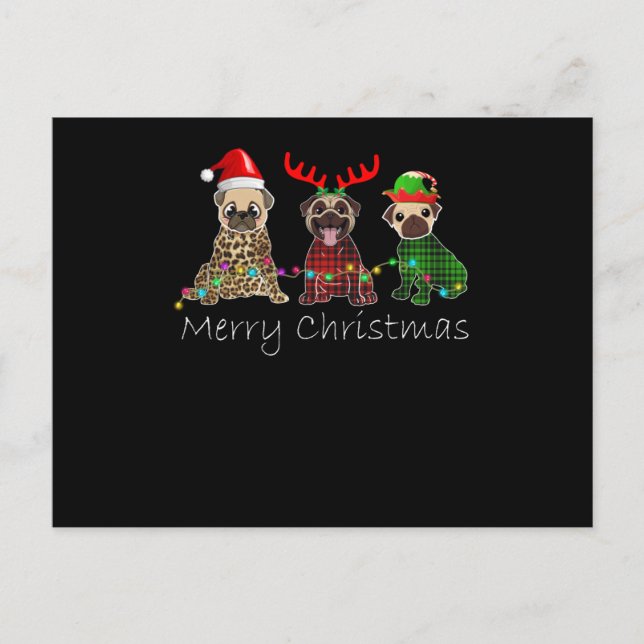 Merry Christmas with three pug dogs Holiday Postcard (Front)