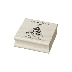 Merry Christmas with tree and family name Rubber Stamp