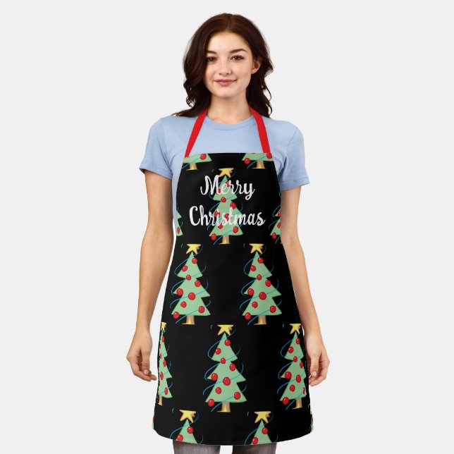 Merry Christmas with Trees Black Apron (Worn)