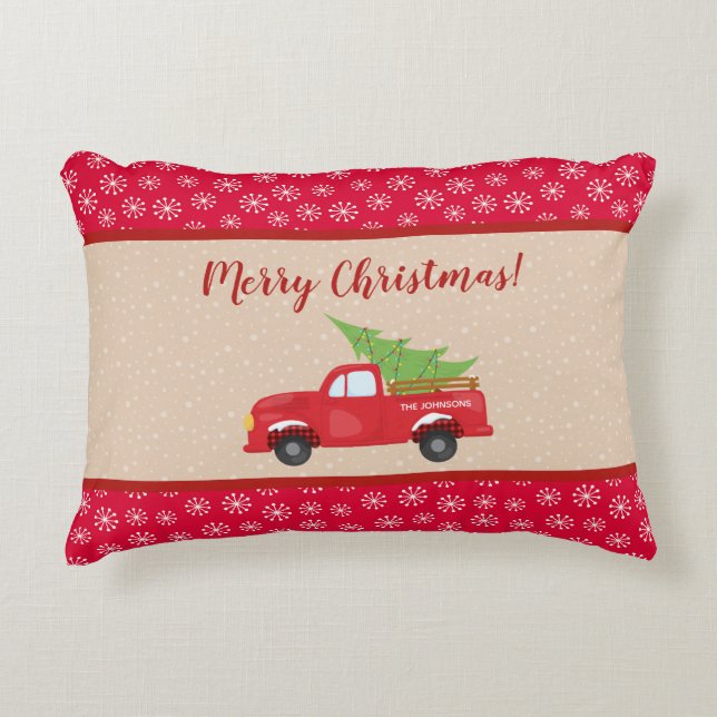 Merry Christmas with Truck and Tree, Family Name Accent Pillow (Front)