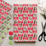 Merry Christmas with Two Square Photos - red green Wrapping Paper Sheet<br><div class="desc">Add two pictures to this cute holiday photo collage - perfect for the kids. A simple and modern photo to make a memorable wrap under your tree. A modern minimal script font with a place to upload 2 square photos.</div>