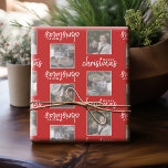 Merry Christmas with Two Square Photos - red Wrapping Paper<br><div class="desc">Add two pictures to this cute holiday illustration - perfect for the kids. A simple and modern photo to make a memorable wrap under your tree. A modern minimal script font with a place to upload 2 square photos.</div>