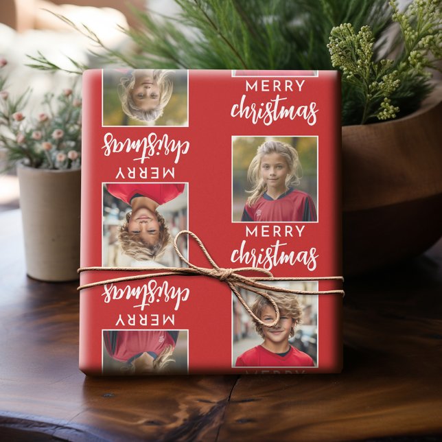 Merry Christmas with Two Square Photos - red Wrapping Paper (Personalized Photo Wrapping Paper)