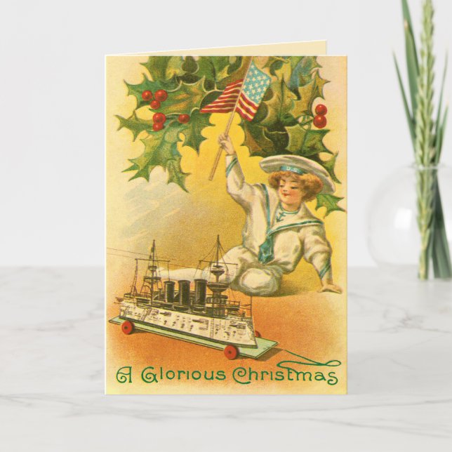 Merry Christmas with USA Flag Sailor Holiday Card (Front)