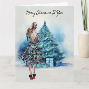 Merry Christmas woman and blue Christmas tree Card