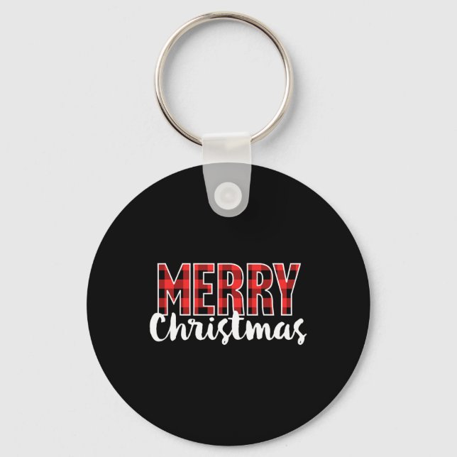 Merry Christmas Women Men Kids Red Buffalo Plaid X Keychain (Front)