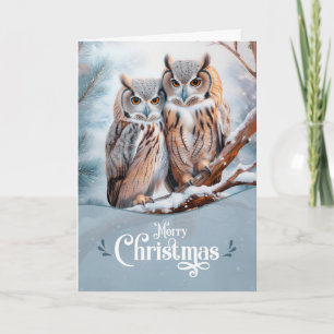 Merry Christmas Woodland Owl Couple Holiday Card