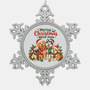 Merry Christmas Woof-mas Dog Lovers Snowflake Pewter Christmas Ornament