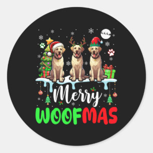 Merry Christmas Woof Three Santa Elf Labrador Retr Classic Round Sticker