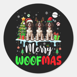 Merry Christmas Woof Three Santa English Springer Classic Round Sticker
