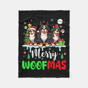 Merry Christmas Woof Three Santa Reindeer Bernese  Fleece Blanket