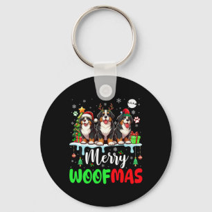 Merry Christmas Woof Three Santa Reindeer Bernese  Keychain
