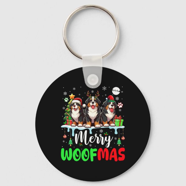 Merry Christmas Woof Three Santa Reindeer Bernese  Keychain (Front)