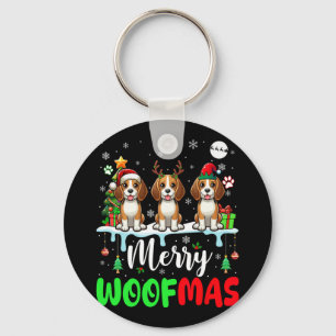 Merry Christmas Woof Three Santa Reindeer Elf Beag Keychain