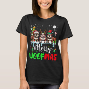 Merry Christmas Woof Three Santa Reindeer Elf Bull T-Shirt