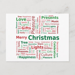 Merry Christmas Word Cloud in Green Red Colours Holiday Postcard