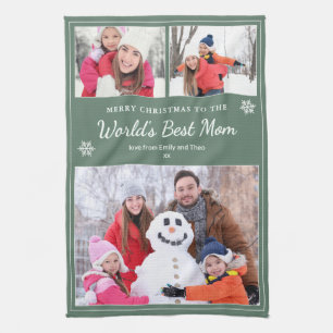 Merry Christmas World’s Best Mom Photos Sage Green Kitchen Towel