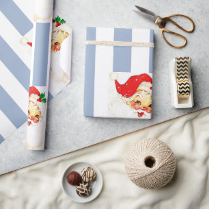 Merry Christmas Wrapping Blue & White Stripe Santa Wrapping Paper
