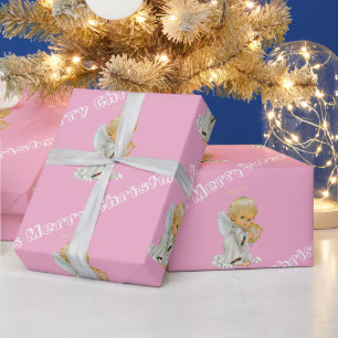 Merry Christmas Wrapping Paper Baby Pink Angel 
