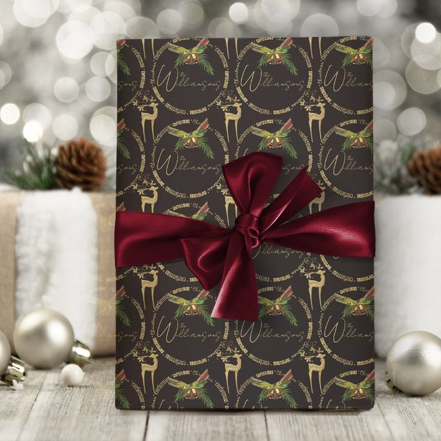 Merry Christmas Wrapping Paper Elegant Reindeer (elegant black and gold Christmas wrapping paper with personalized name or text)