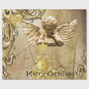 Merry Christmas Wrapping Paper Gold Angel