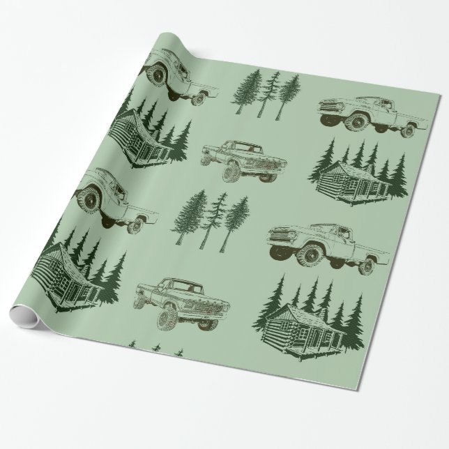 Merry Christmas Wrapping Paper Truck, Tree & Cabin (Unrolled)
