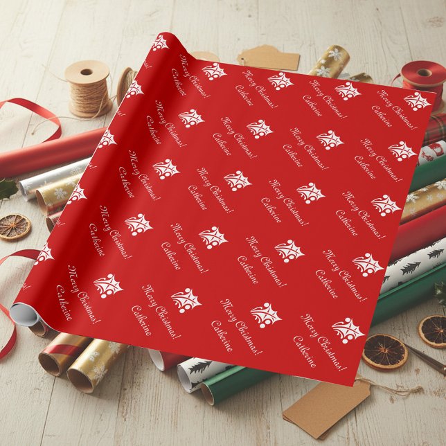 Merry Christmas wrapping paper with custom name. (Red Christmas wrapping paper with holly leafs pattern)