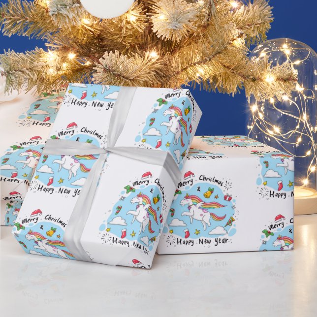 Merry Christmas Wrapping Unicorn Happy New Year  Wrapping Paper (Holidays)