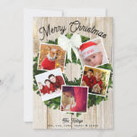 Merry Christmas Wreath 5 Photo Personalized Family Holiday Card<br><div class="desc">This festive and fun holiday card features your favourite photos on a beautiful boxwood wreath topped with a white ribbon. Easily add your photos and text on the template form. The back has the same light wood as the front. Use the "Customize Further" option to add text or photos to...</div>