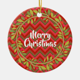 Merry Christmas Wreath and Chevron Retro Ceramic Ornament