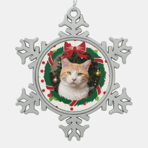 Merry Christmas Wreath and Holly Custom Pet Photo Snowflake Pewter Christmas Ornament