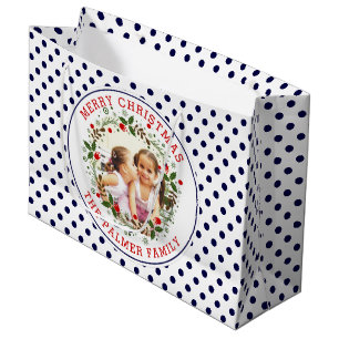 Merry Christmas wreath and navy blue dots photo Large Gift Bag