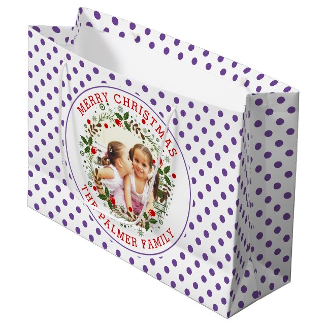 Merry Christmas wreath and purple polka dots photo Large Gift Bag (Front Angled)
