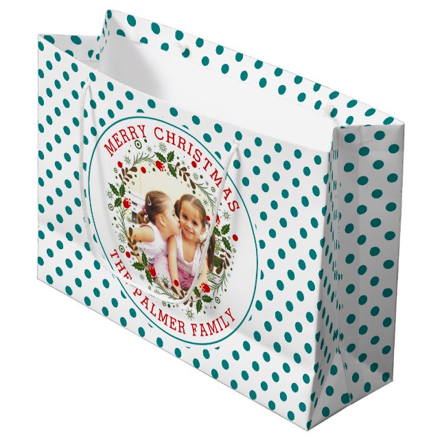 Merry Christmas wreath and teal blue dots photo Large Gift Bag (Front Angled)