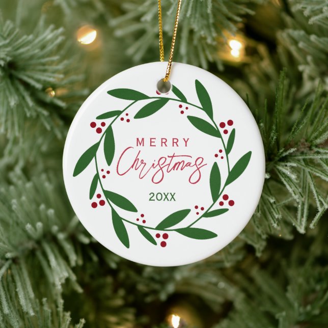 Merry Christmas Wreath Ceramic Ornament (Tree)
